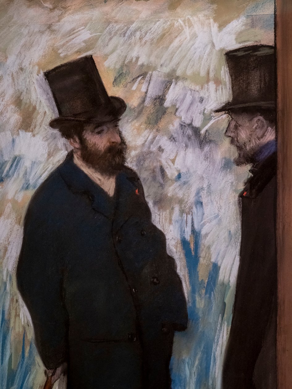 दोस्तों का पोर्ट्रेट, ऑन द सीन (विस्तार) (जिसे "पोर्ट्रेट ऑफ़ लुडोविक हेलेवी और अल्बर्ट बौलैंगर-केव" के रूप में भी जाना जाता है)। 1879. कागज पर पेस्टल। द्वारा एडगर डीगास