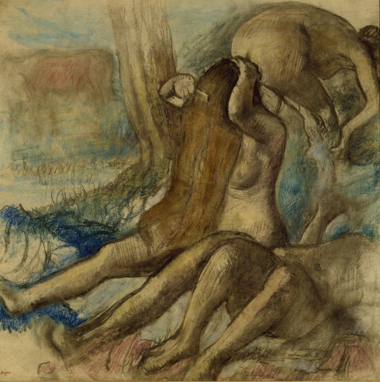 द बाथर्स, c.1890-1895 (ट्रेसिंग पेपर पर पेस्टल और चारकोल) द्वारा एडगर डीगास