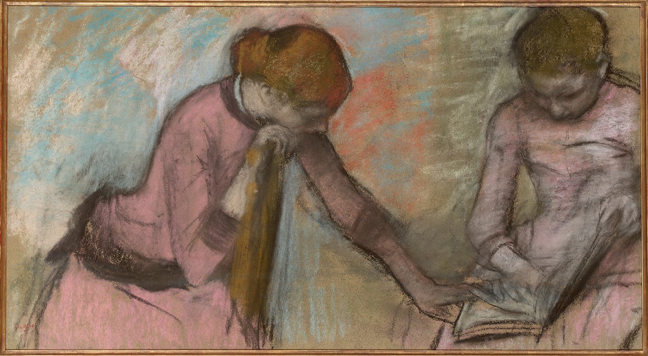 एल्बम में देख रही युवा लड़कियां, c.1884 (कार्ड पर पस्टेल कार्ड पर रखी गई) द्वारा एडगर डीगास