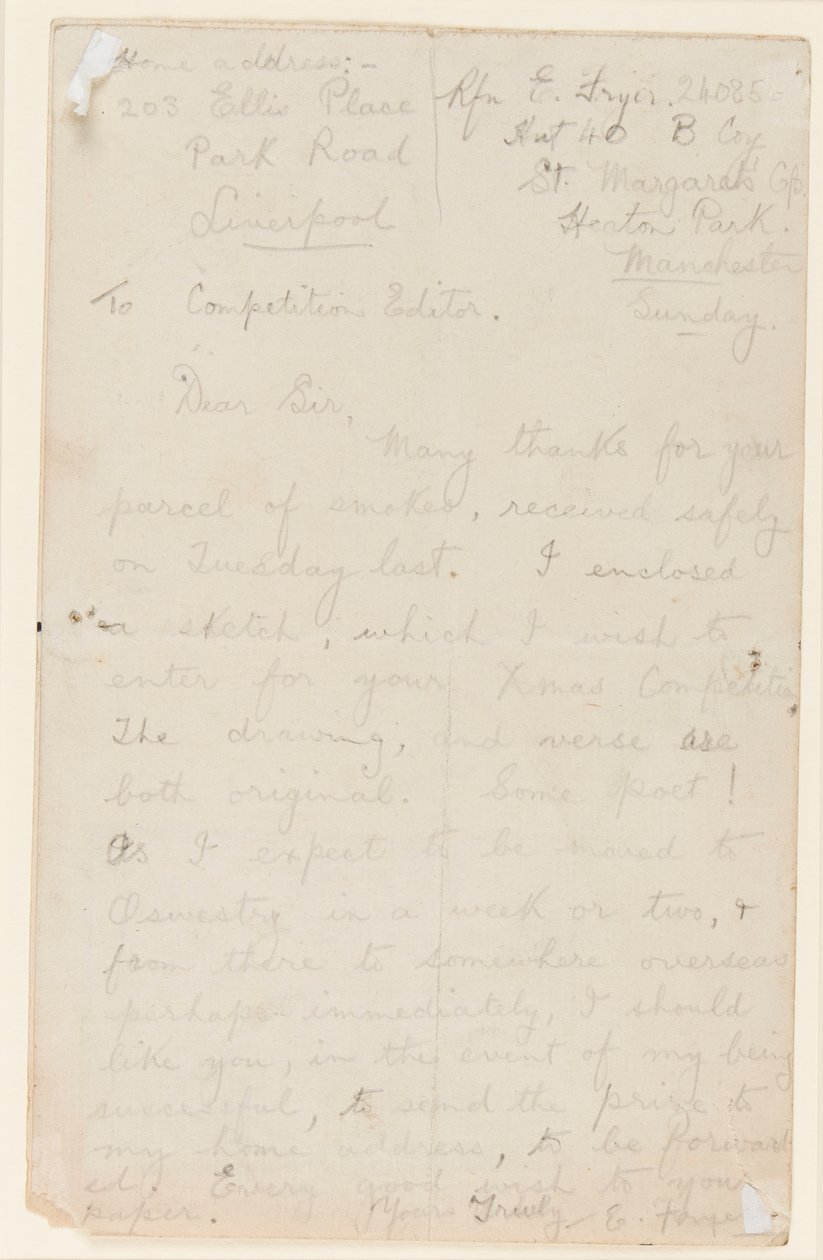 1914-18 को एक अखबार प्रतियोगिता संपादक को पत्र द्वारा एडगर फ्रायर