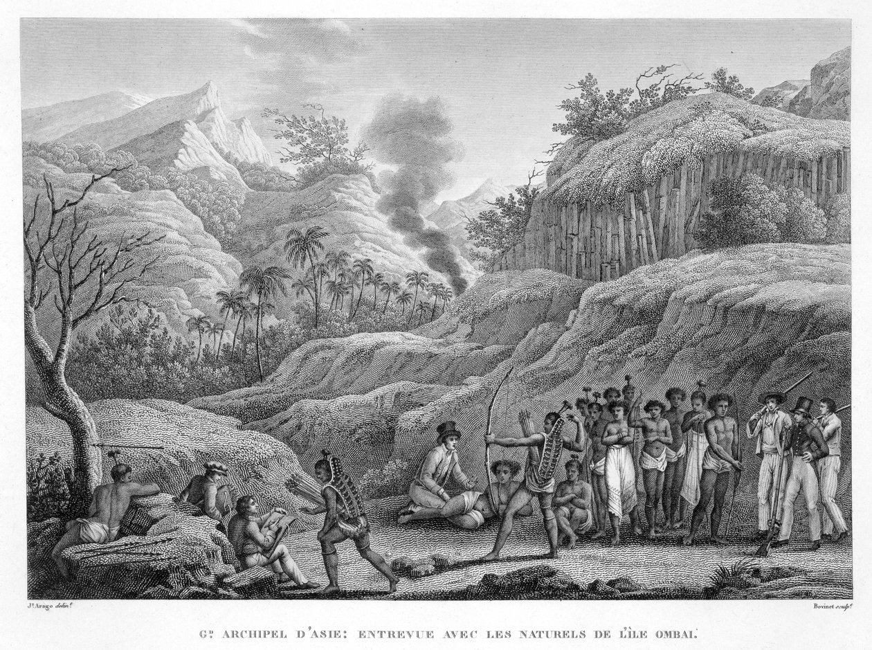 महान एशियाई द्वीपसमूह: ओम्बाई द्वीप पर मूल निवासियों के साथ फ्रांसीसी खोजकर्ता द्वारा एडमे बोविनेट