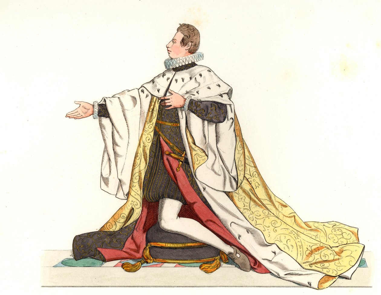 कॉस्मे II डे मेडिसिस (1590-1621), टस्कनी के ग्रैंड ड्यूक (इटली) - एडमंड लेचेवेलियर-चेविग्नार्ड (1825-1902) के चित्रण पर आधारित लिथोग्राफी, "16वीं की ऐतिहासिक वेशभूषा" द्वारा एडमंड लेचेवेलियर-चेविग्नार्ड