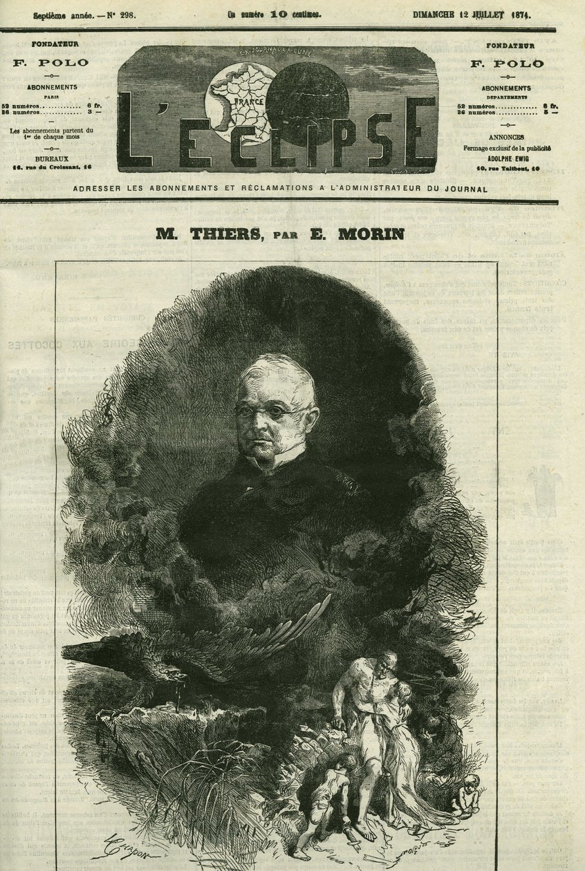 एडोल्फ थियर्स का पोर्ट्रेट (1797-1877), फ्रांसीसी राजनीतिज्ञ। ई. मोरिन द्वारा "" L'Eclipse"" में कवर, जुलाई 12 द्वारा एडमंड मोरिन