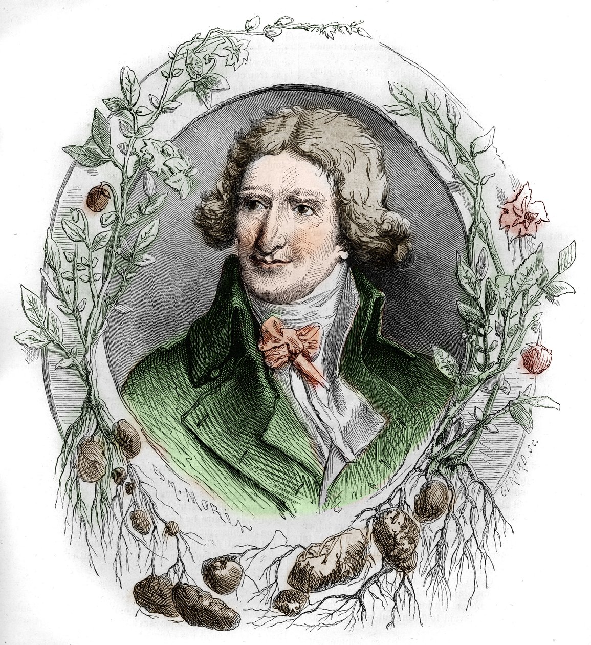एंटोनी ऑगस्टिन पारमेंटियर (1737-1813) का पोर्ट्रेट, फ्रांसीसी सैन्य फार्मासिस्ट और कृषि विज्ञानी। एडमंड मोरिन द्वारा उत्कीर्णन द्वारा एडमंड मोरिन