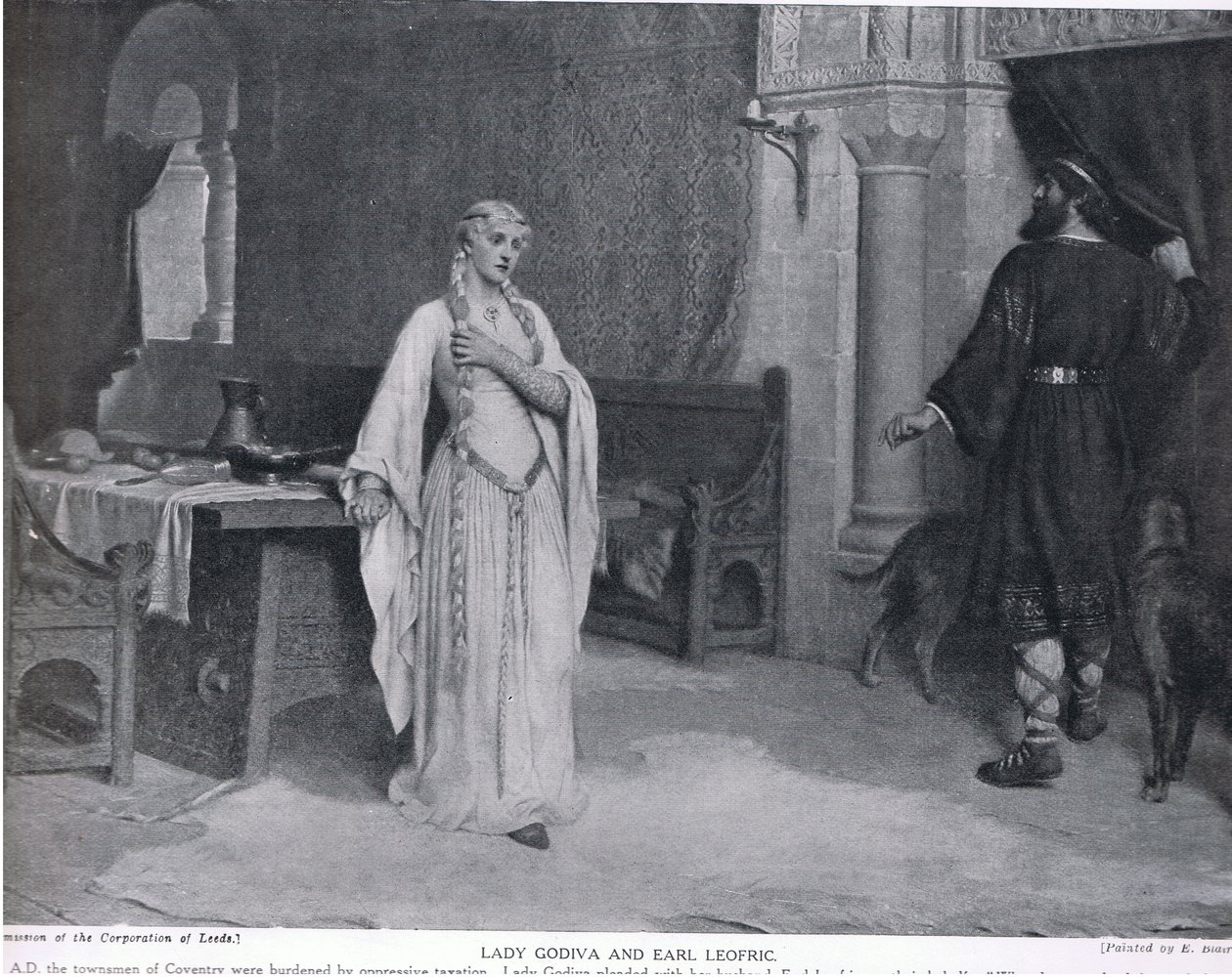 लेडी गोडिवा और अर्ल लियोफ्रिक, &39;हचिन्सन हिस्ट्री ऑफ द नेशंस&39;, c.1910 से चित्रण द्वारा एडमंड ब्लेयर लीटन