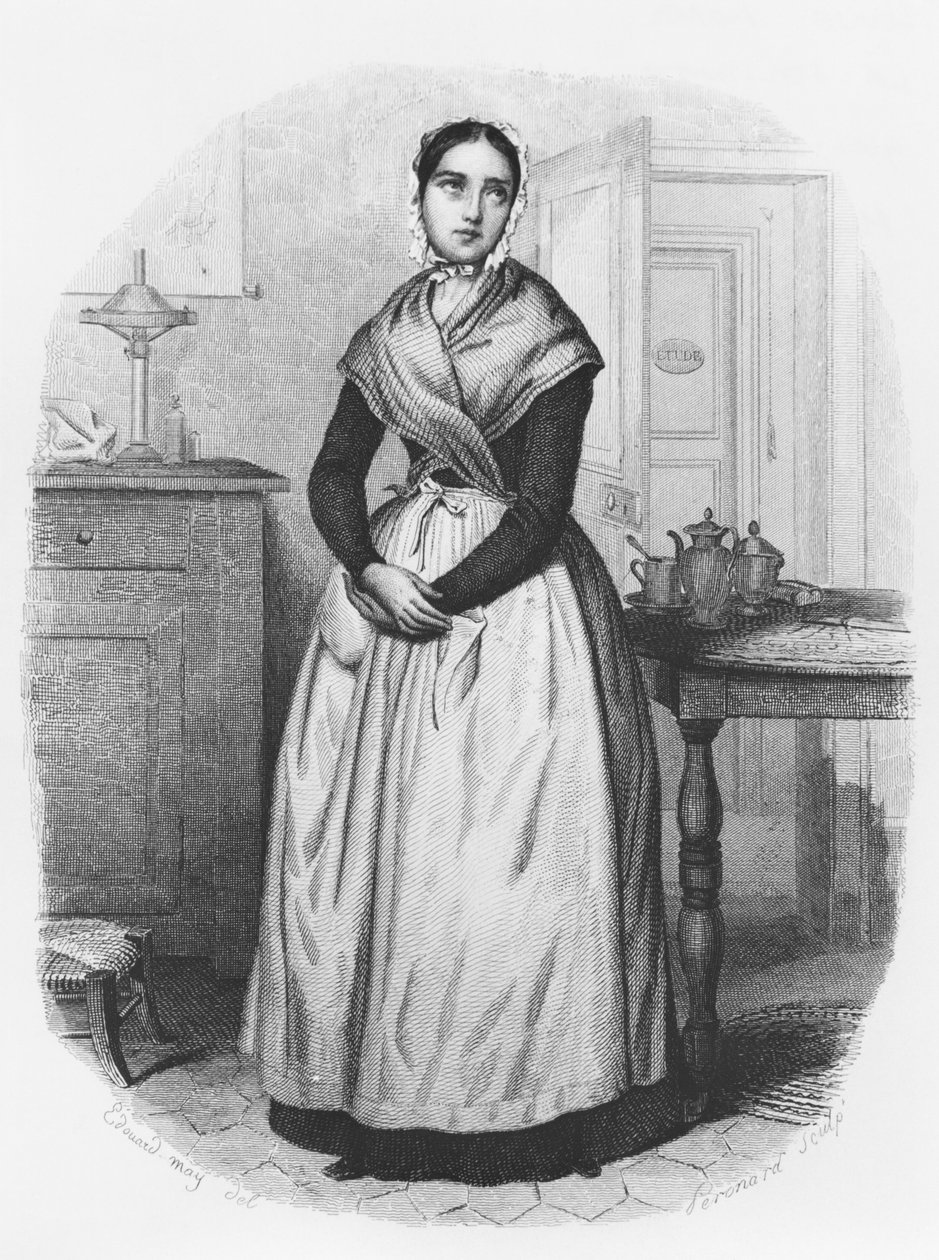 नौकर लुईस मोरेल, यूजीन सू (1804-57) द्वारा &39;लेस मिस्टेरेस डी पेरिस&39; का चित्रण, मल्चियोर पेरोनार्ड (19 वीं सदी) c.1842-43 द्वारा उकेरा गया द्वारा एडौर्ड मे