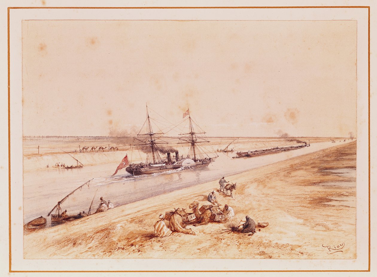 1869 में उद्घाटन के अवसर पर एक स्मारिका एल्बम से महारानी यूगेनी (1826-1920) की यात्रा के स्मरण के लिए एक तुर्की पैडल स्टीमर, स्वेज़ नहर के ऊपर द्वारा एडौर्ड रिउ