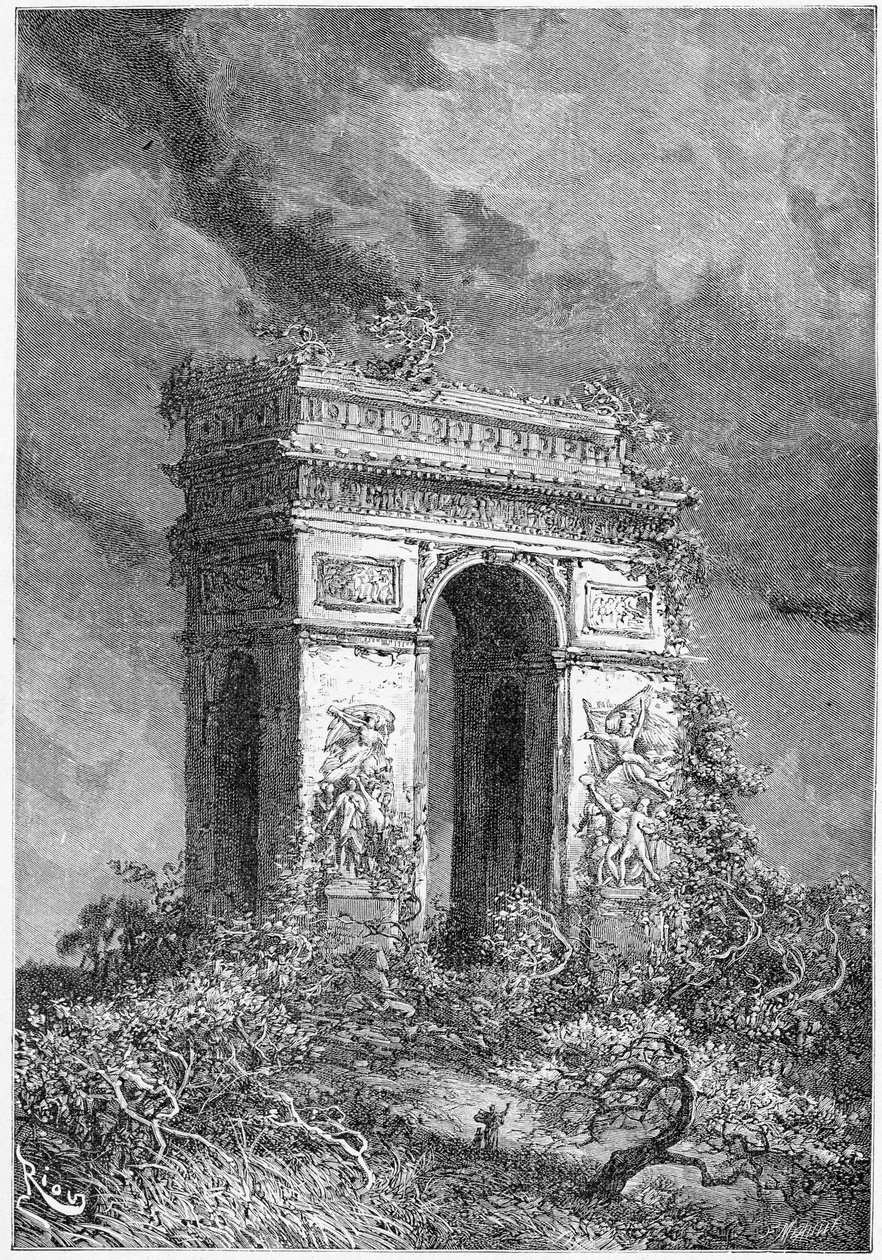 L&39;Arc de Triomphe एक खंडहर के रूप में, 19 वीं शताब्दी (bw उत्कीर्णन) द्वारा एडौर्ड रिउ