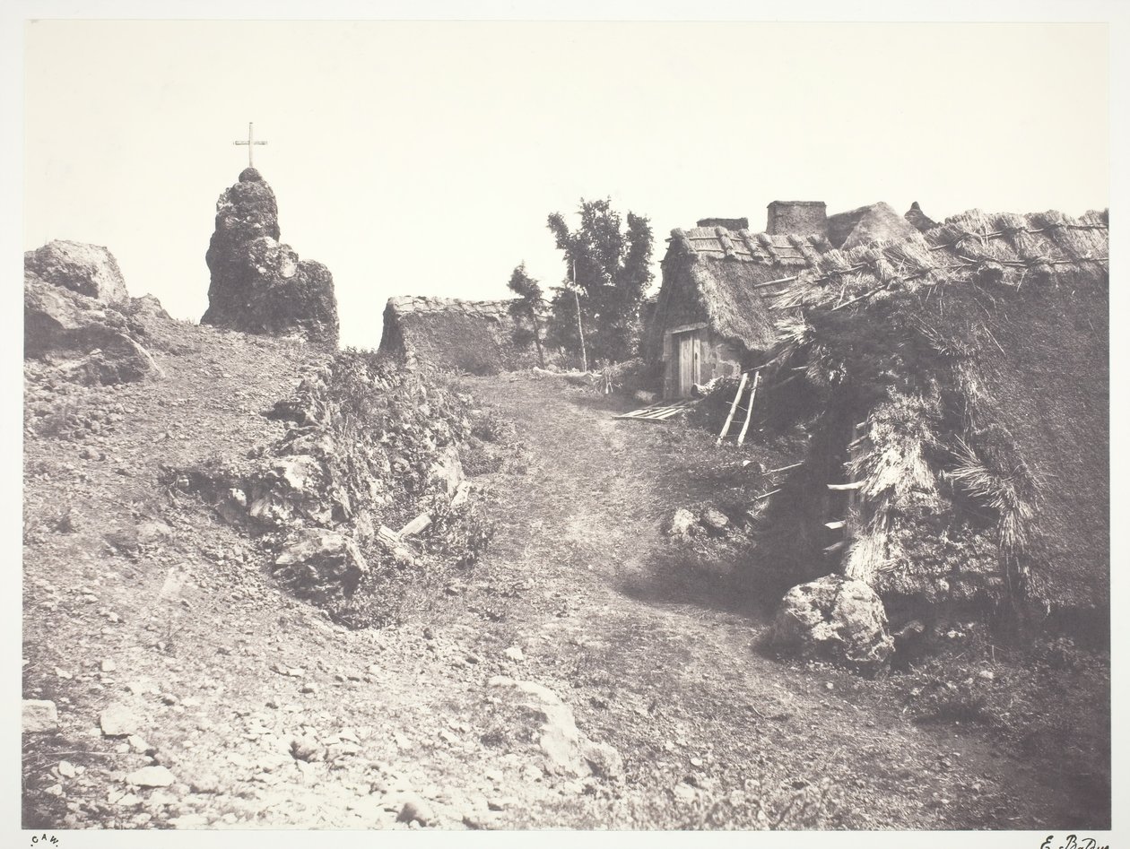 ऑवरगने में छप्पर वाले कॉटेज, कलवारी के साथ, 1852, 1978 में छपे। द्वारा एडवर्ड बाल्डस