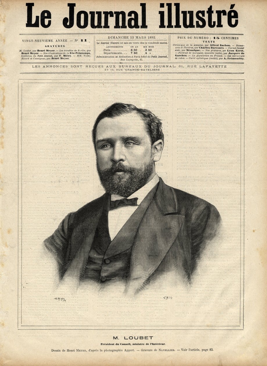 1892 में एमिल लुबेट (1836-1929) (परिषद के अध्यक्ष - आंतरिक मंत्री) नेवेलियर द्वारा 1892 के "द इलस्ट्रस जर्नल" में उत्कीर्णन द्वारा एडोर्ड फेलिसियन यूजीन नेवलियर
