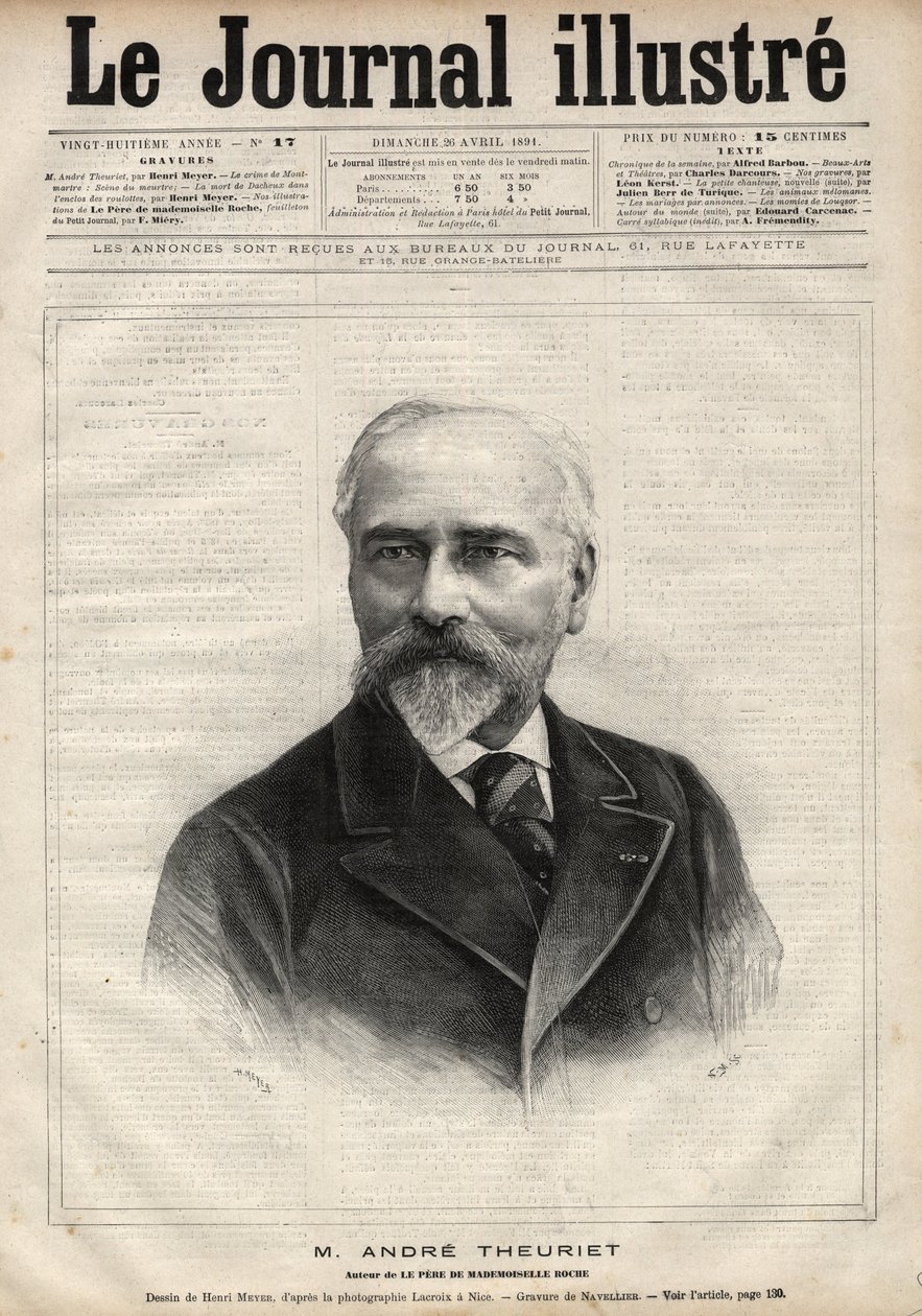 आंद्रे थ्यूरिएट का पोर्ट्रेट (1833-1907), फ्रांसीसी उपन्यासकार, कवि और शिक्षाविद - 1891 के "ले जर्नल इलस्ट्रियस" में नवेलियर द्वारा उत्कीर्णन द्वारा एडोर्ड फेलिसियन यूजीन नेवलियर