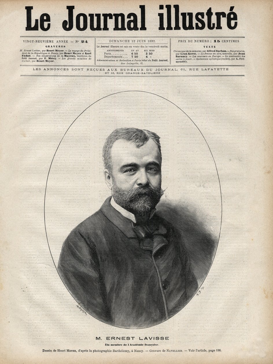 अर्नेस्ट लैविस का पोर्ट्रेट (1842-1922), फ्रांसीसी इतिहासकार और शिक्षाविद - 1892 के "ले जर्नल इलस्ट्रियस" में नवेलियर द्वारा उत्कीर्णन द्वारा एडोर्ड फेलिसियन यूजीन नेवलियर