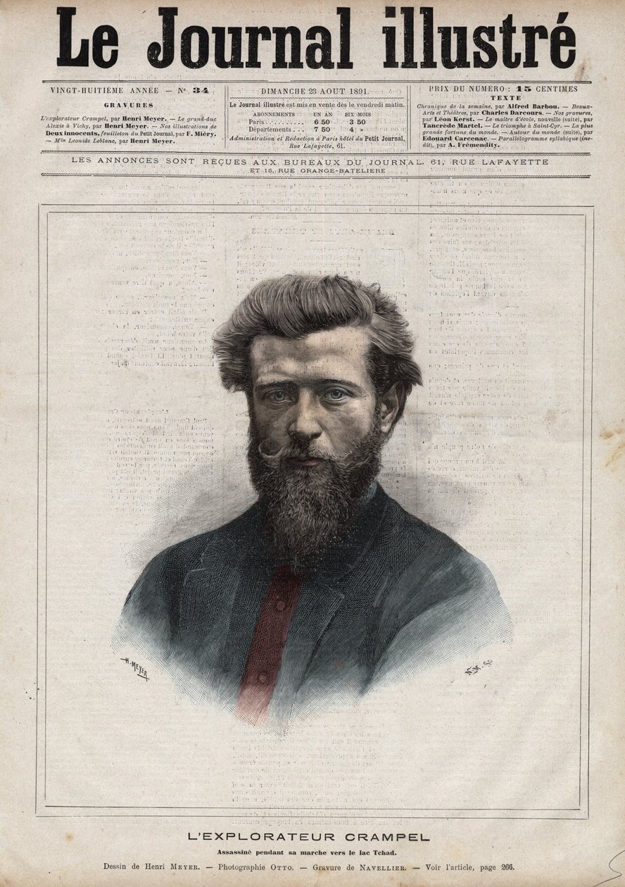 पॉल क्रैम्पेल का पोर्ट्रेट (1864-1891), मध्य अफ्रीका के फ्रांसीसी खोजकर्ता - 1891 की "द इलस्ट्रस डायरी" में नेवेलियर द्वारा उत्कीर्णन द्वारा एडोर्ड फेलिसियन यूजीन नेवलियर