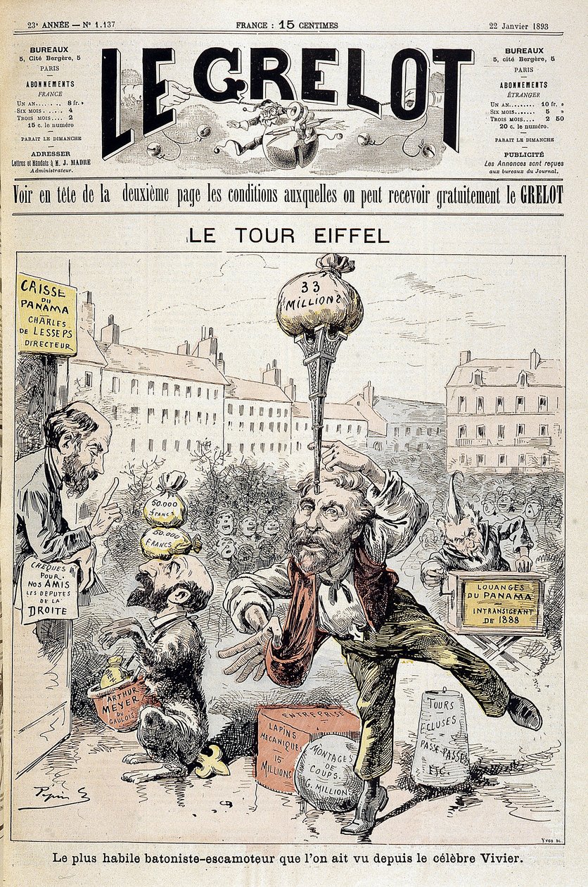 वित्तीय घोटालों पर कार्टून "" एफिल टॉवर: सबसे कुशल बैटनिस्ट - प्रसिद्ध विवियर के बाद से देखा जाने वाला प्रतिकर्षक""। 22 जनवरी के "" ले ग्रेलॉट "" को कवर करें द्वारा एडौर्ड गुइलौमिन पेपिन