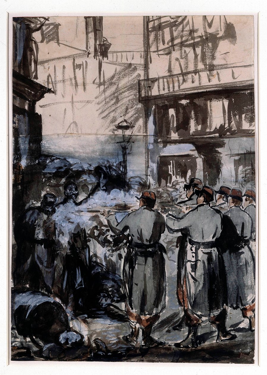 1871 का टाउन: "" द बैरिकेड "" एडौर्ड मानेट द्वारा ड्राइंग (1832-1883) 1871 डिम। ४६.२ x ३२.५ मी द्वारा एडोर्ड मैनेट