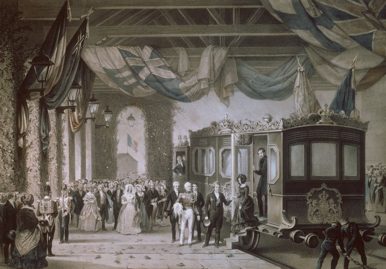क्वीन विक्टोरिया (1819-1901) और प्रिंस अल्बर्ट (1819-61) गोस्पोर्ट स्टेशन, हेम्पशायर में पहुंचते हैं, जो बायोट और क्यूविलियर द्वारा उत्कीर्ण है, 1846 द्वारा एडौर्ड पिंग्रेट