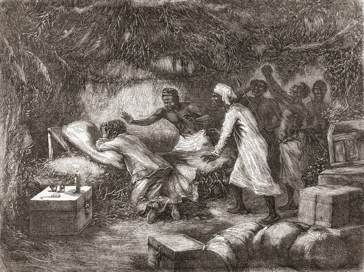 डॉ। लिविंगस्टोन की मृत्यु, 1873 में अफ्रीका के टीचिटाम्बो गाँव में, "द वर्ल्ड इन द हैंड्स" से चित्रण, 1878 में प्रकाशित द्वारा एडौर्ड रिउ