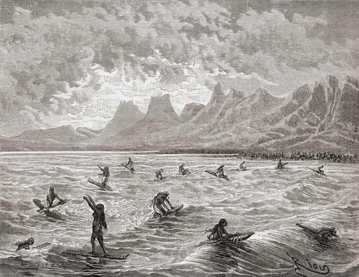 हवाईयन सर्फिंग, &39;द वर्ल्ड इन द हैंड्स&39; का चित्रण, चार्ल्स बार्बेंट द्वारा उत्कीर्ण (d.1922), 1878 में प्रकाशित (उत्कीर्णन) द्वारा एडौर्ड रिउ