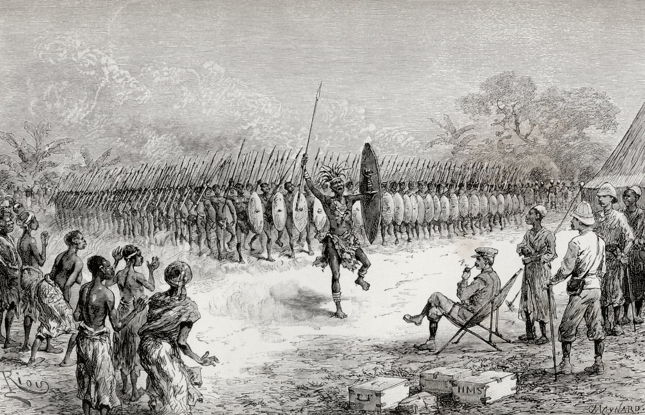 सर हेनरी मॉर्टन स्टैनली, उस्सिरी, 1890 (लकड़ी के टुकड़े) में माजाम्बोनी के योद्धाओं द्वारा एक फालानक्स नृत्य देख रहे हैं द्वारा एडौर्ड रिउ