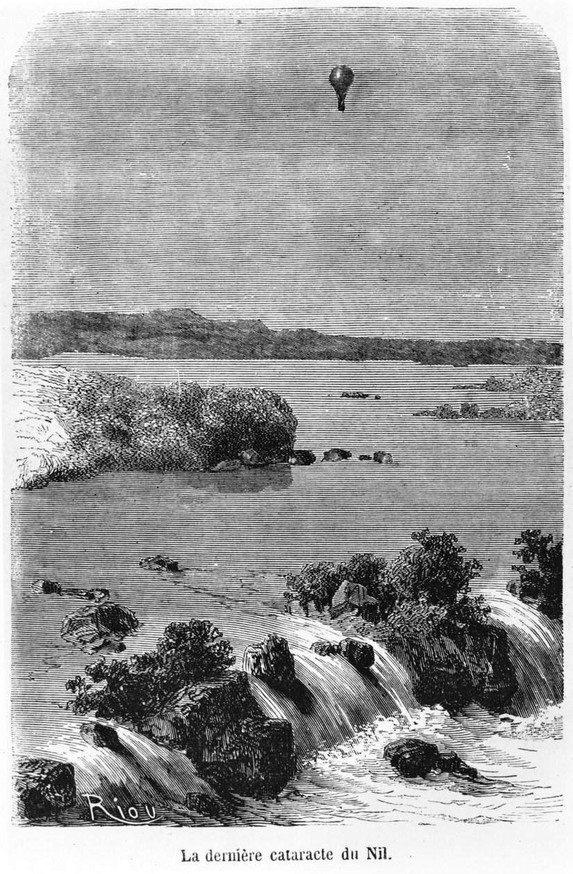 नील का अंतिम मोतियाबिंद, जूल्स वर्ने (1828-1905) पेरिस, हेट्ज़ेल द्वारा &39;फाइव वीज़ इन ए बलून&39; का चित्र द्वारा एडौर्ड रिउ