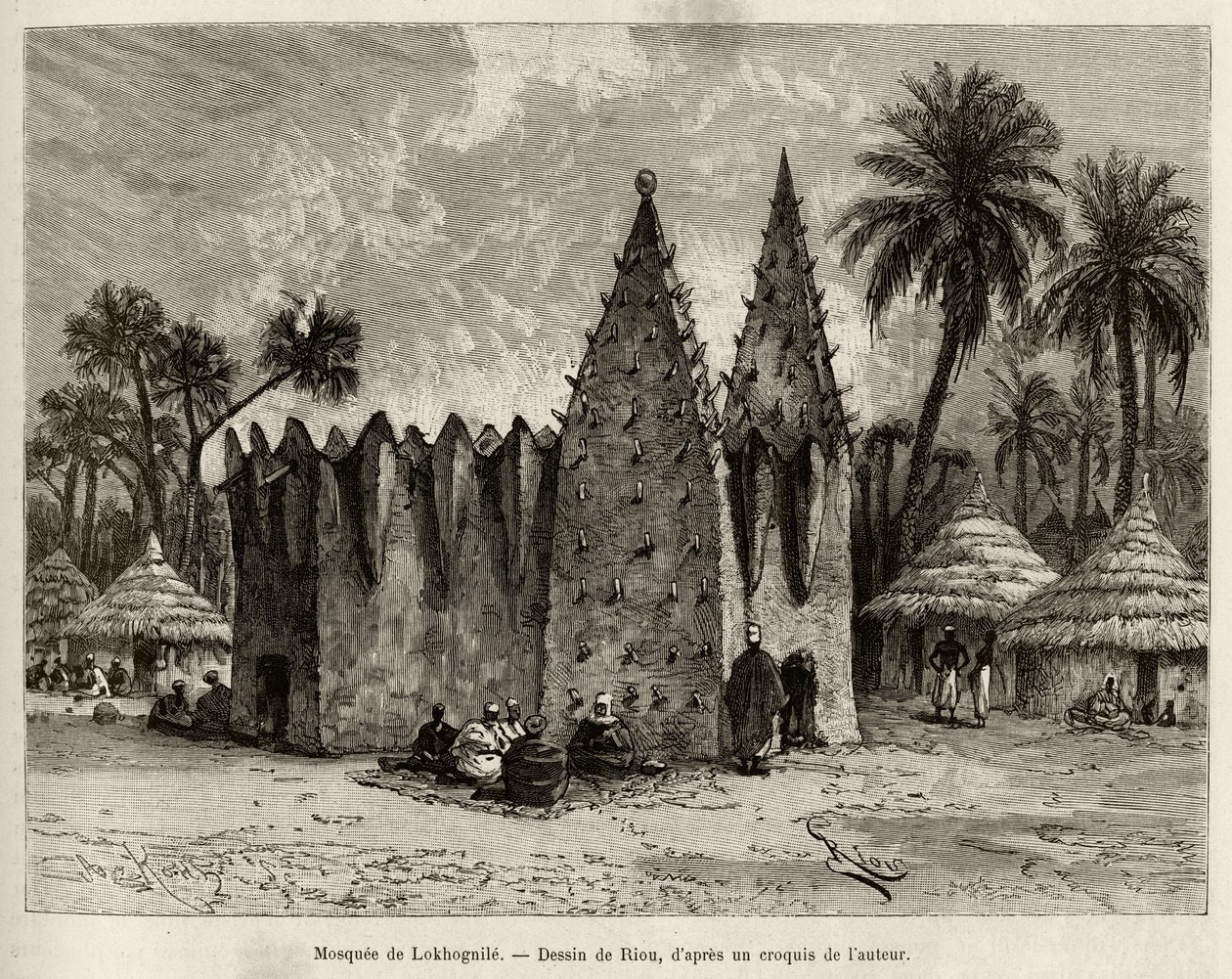 लोखोगनिले की मस्जिद (गिनी की खाड़ी)। 1887-1889 में कैप्टन लुई गुस्ताव बिंगर (1856-1936) की कहानी "नाइजर फ्रॉम द गल्फ ऑफ गाइनी" को चित्रित करने के लिए रियो द्वारा उकेरा गया, ले टूर डू मोंडे, नोव्यू जर्नल डेस वॉयेज, के निर्देशन में द्वारा एडौर्ड रिउ