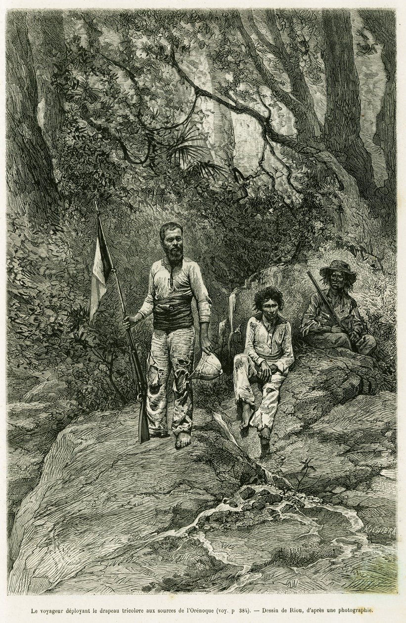 ओरेनोक के स्रोतों पर तिरंगा झंडा लगाते हुए यात्री। 1886-1887 में वॉयेज ऑक्स सोर्स डे ल'ओरेनोक की कहानी को चित्रित करने के लिए रिओ द्वारा उत्कीर्णन, जीन शैफनजोन द्वारा, सार्वजनिक शिक्षा के मिसनिस्टर द्वारा असाइनमेंट, टूर डू मोंडे 1 में द्वारा एडौर्ड रिउ