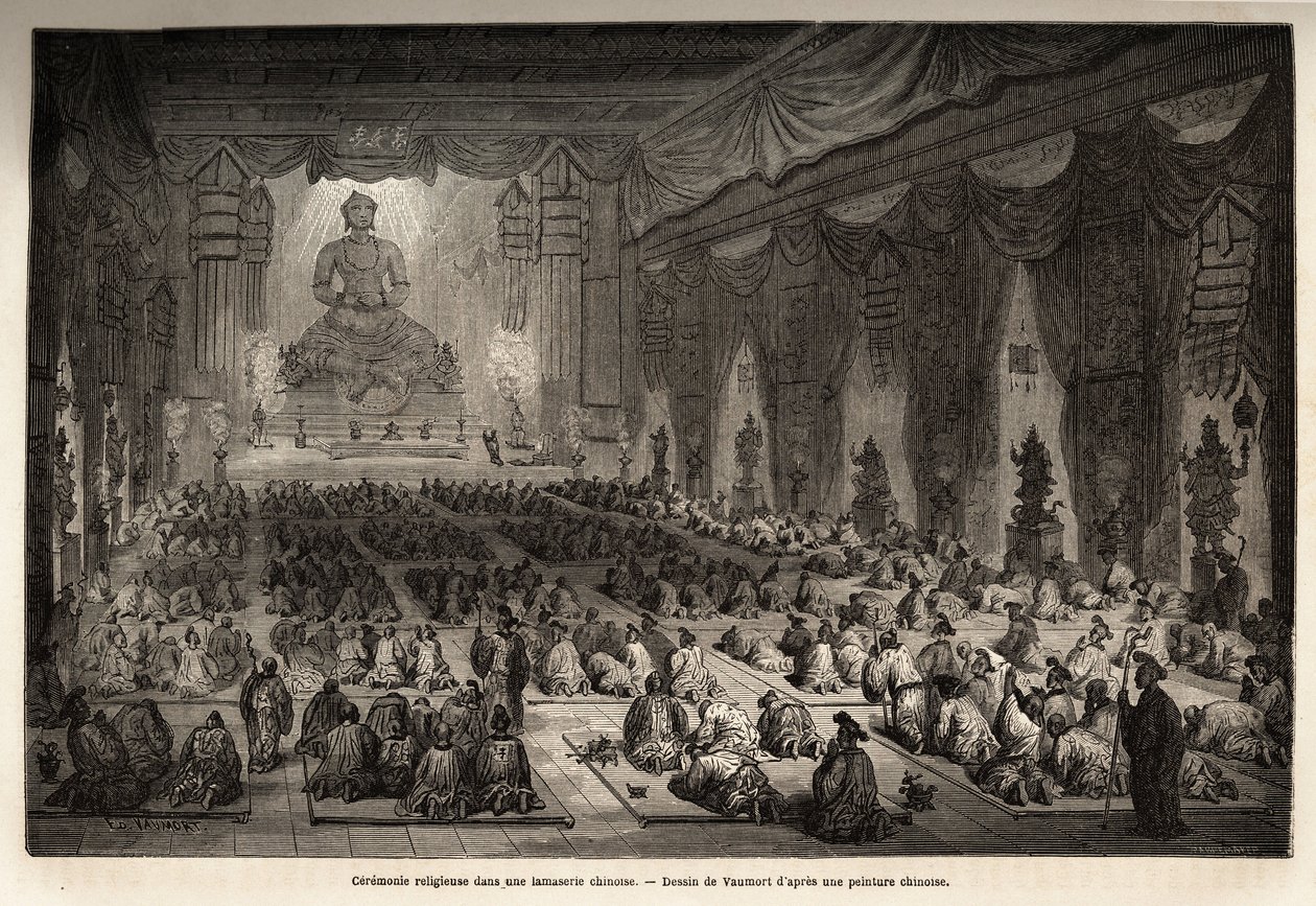 एक चीनी लामासेरी में धार्मिक समारोह, वाउमॉर्ट (? -1886) द्वारा चित्रित, 1859 से 1862 तक शंघाई से मास्को तक की यात्रा को चित्रित करने के लिए, एम। डी बोरबौलन, चीन के फ्रांसीसी मंत्री। एडौर्ड चार्टन द्वारा संपादित "" ले टूर डू मोंडे "" में द्वारा एडोर्ड वॉमोर्ट