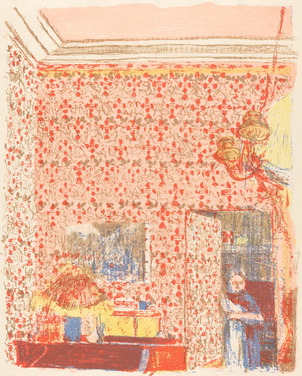 गुलाबी वॉलपेपर के साथ इंटीरियर I Interieur aux Tentures गुलाब I, c. 1896 प्रकाशित 1899। द्वारा एडोर्ड वुइलार्ड