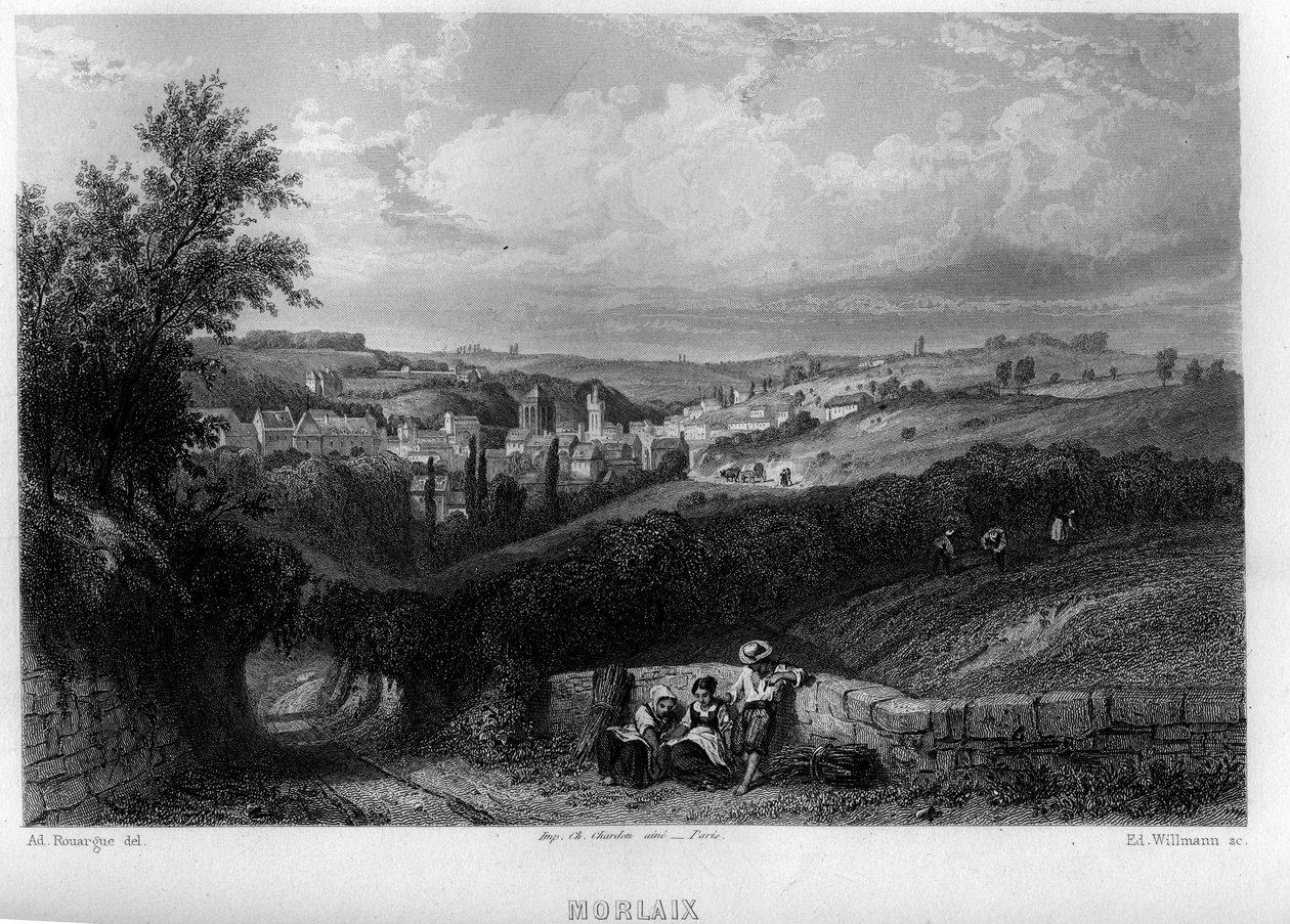 Morlaix, Finistere, Brittany, फ्रांस शहर का दृश्य। जीन-बर्नार्ड मैरी-लाफ़ोन (जीन बर्नार्ड मैरी लाफ़ोन) द्वारा "प्राचीन और आधुनिक फ्रांस" में विलमैन द्वारा उत्कीर्णन द्वारा एडोर्ड विलमैन