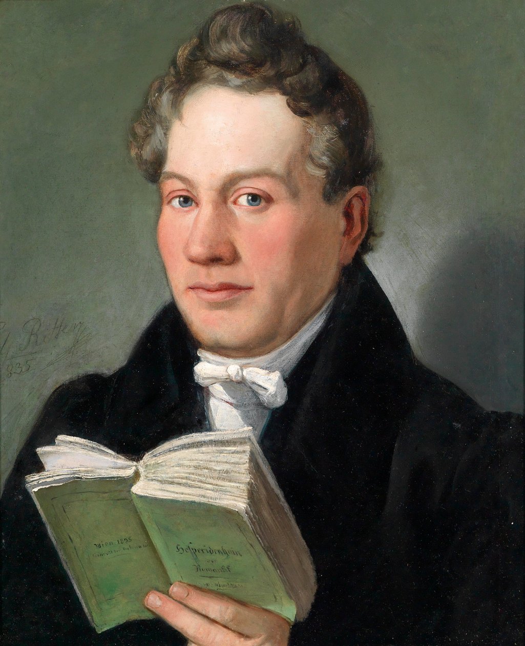 विनीज़ लेखक क्रिस्टोफ़ कफ़नर (1777-1846) की अपनी पुस्तक हेस्पेरिडेनिन डेर रोमेंटिक के साथ पोर्ट्रेट द्वारा एडवर्ड रिटर