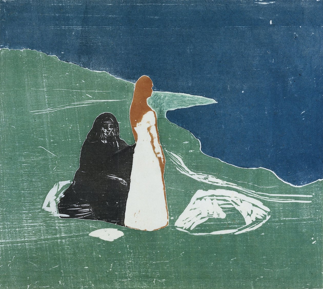 एक समुद्र तट पर दो महिलाएं, 1898 (कलर वुडकट) द्वारा एडवर्ड चबाना