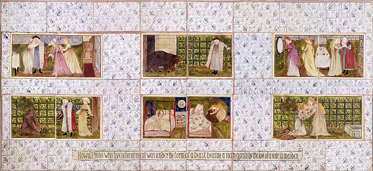विटले, सरे, c.1862 (सिरेमिक) में बिरकेट फोस्टर के घर से ब्यूटी एंड द बीस्ट की कहानी को दर्शाती टाइल्स का पैनल द्वारा विलियम मॉरिस
