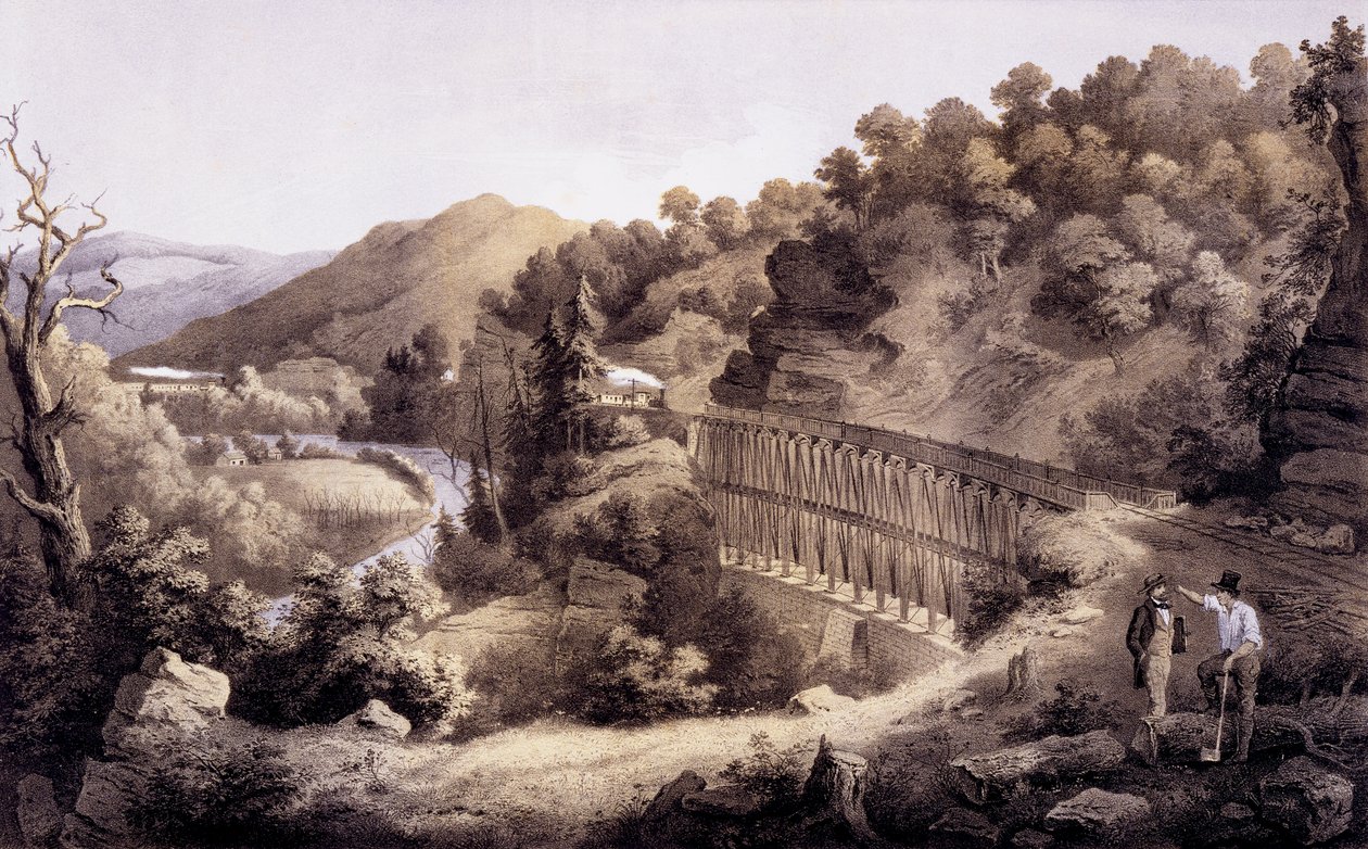 1858 में &39;एल्बम ऑफ़ वर्जीनिया&39; से चीट रिवर पर वियाडक्ट द्वारा एडवर्ड बेयर