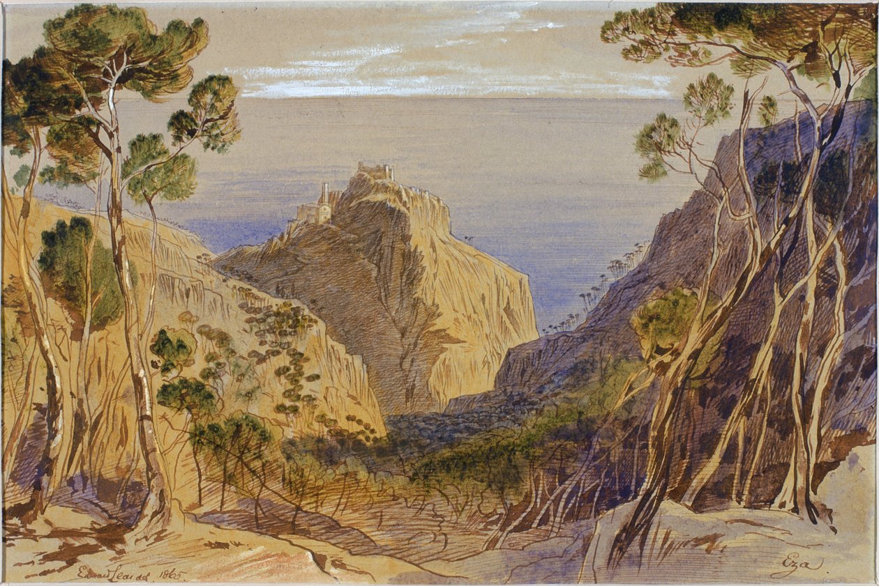 Eza, फ्रांस, 1865 (कागज पर स्याही und wc) द्वारा एडवर्ड लीयर