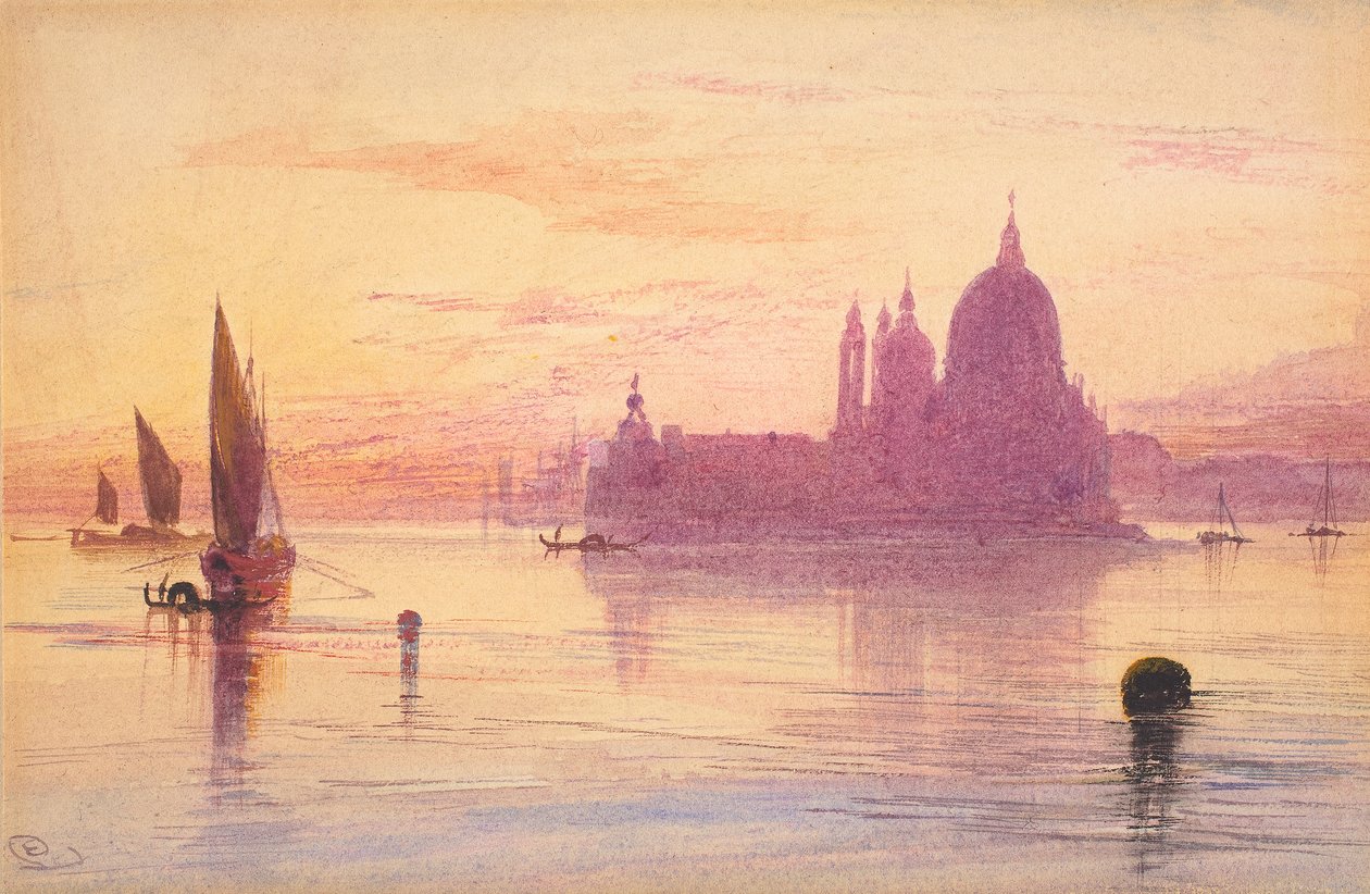 सांता मारिया डेला सैल्यूट, वेनिस, सूर्यास्त, 1865-84 में (पानी के रंग और ग्रेव पर ग्रेफाइट) द्वारा एडवर्ड लीयर