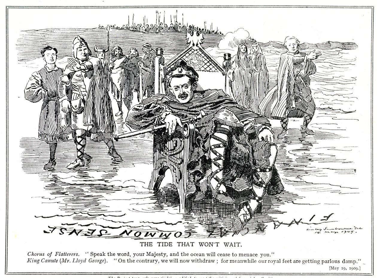 लॉयड जॉर्ज, &39;किंग कैन्यूट&39; के रूप में, वित्तीय अधिकारियों द्वारा आलोचना के बाद अपने बजट प्रस्तावों को संशोधित करने का निर्णय लेते हैं, 1909 द्वारा एडवर्ड लिनली साम्बूरने