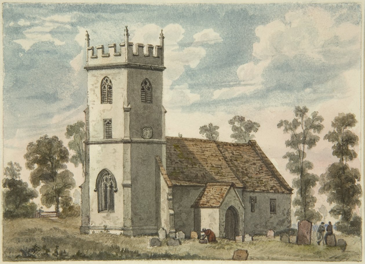 अज्ञात चर्च, शायद कॉम्पटन ग्रीनफ़ील्ड, c.1823 (कागज पर पेंसिल और वॉटरकलर) द्वारा एडवर्ड Cashin