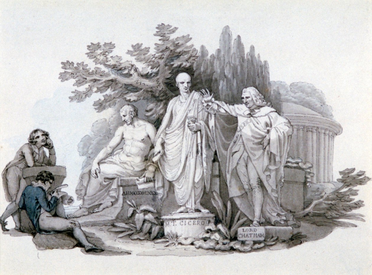 डेमोस्थनीज, सिसरो और पिट की मूर्तियों पर विचार करते दो युवा, c1780-1848 द्वारा एडवर्ड फ्रांसिस बर्नी
