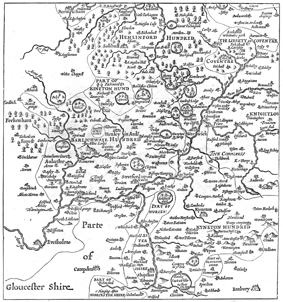 स्ट्रैटफ़ोर्ड-ऑन-एवन और इसके आसपास के क्षेत्रों का एक नक्शा, 1610 1885। द्वारा एडवर्ड हल