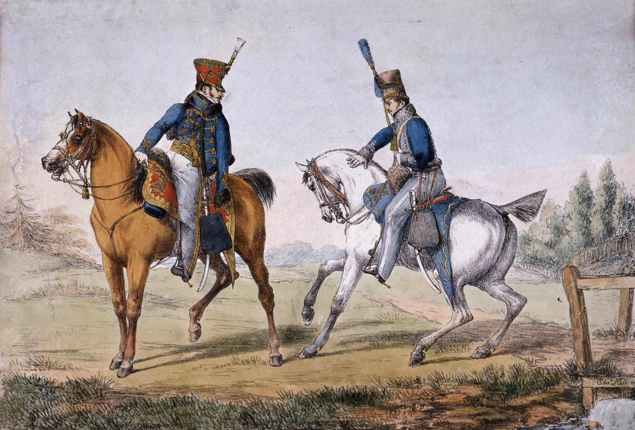 10 वें अनड 18 हसर्स के अधिकारी, एकरमैन लिथोग्राफिक प्रेस, 1819 (रंगीन लिथो) द्वारा प्रकाशित द्वारा एडवर्ड हल