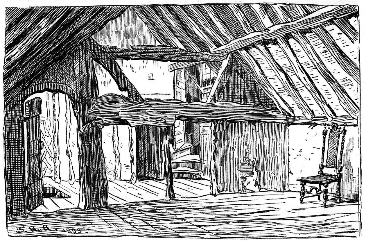 शेक्सपियर की जन्मस्थली, स्ट्रैटफ़ोर्ड-ऑन-एवन, 1885 की ऊपरी कहानी। द्वारा एडवर्ड हल