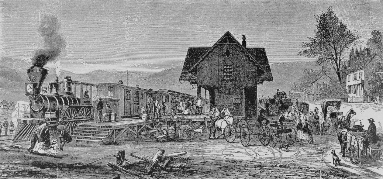 द विलेज डिपो, 1868 के राल्फ हेनरी गेब्रियल द्वारा &39;द पजेंट ऑफ अमेरिका, वॉल्यूम 3&39; से &39;हार्पर वीकली&39;, 1868 का चित्रण द्वारा एडवर्ड लैंबोन हेनरी