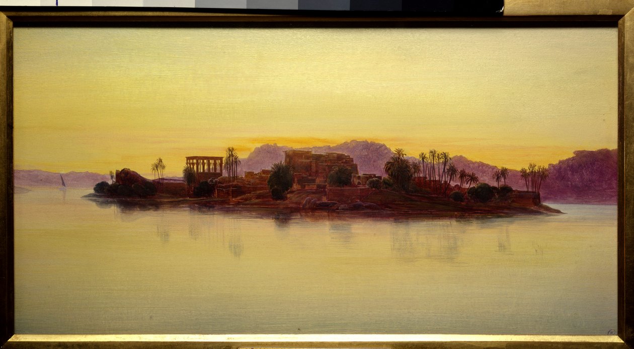 मिस्र में फिलै द्वीप पर सूर्यास्त एडवर्ड लियर द्वारा चित्रकारी (1812-1888) (ec.angl।) 1861 सूर्य। 0,23x0,43 मीटर चान्तिली, मुसी कोंडे द्वारा एडवर्ड लीयर