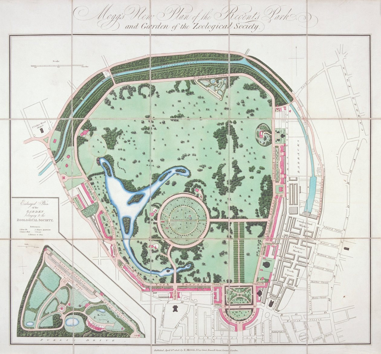 जूलॉजिकल गार्डन की योजना, रीजेंट पार्क, सेंट मैरीलेबोन, लंदन, 1828 द्वारा एडवर्ड मोग