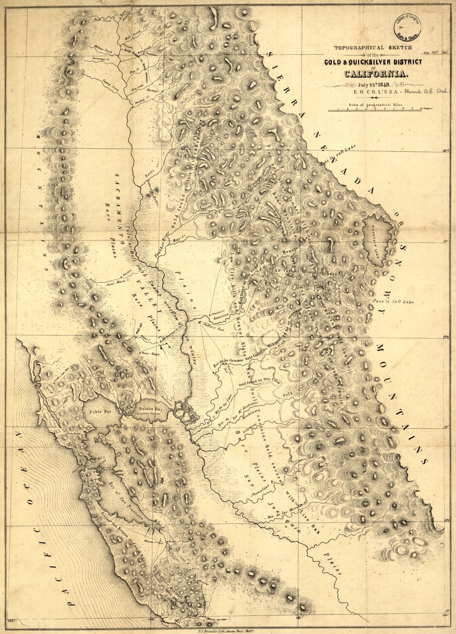 कैलिफ़ोर्निया के सोने और क्विकसिल्वर जिले का स्थलाकृतिक स्केच, 1848 द्वारा एडवर्ड ओथो क्रिसैप ऑर्ड