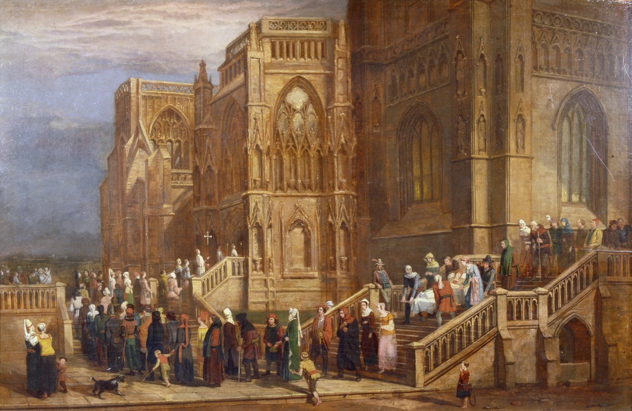 सेंट मैरी रेडक्लिफ के बाहर तीर्थयात्रियों का जुलूस, c.1825-30 (पैनल पर तेल) द्वारा एडवर्ड विलियर्स रिपिंगिल