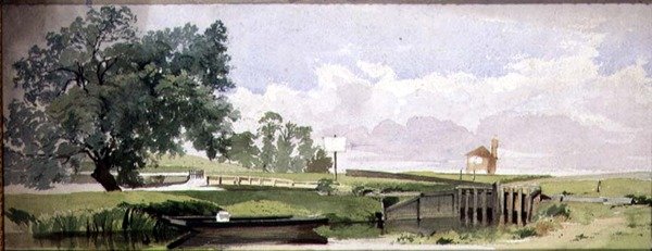 एक ताला के साथ नदी के किनारे का दृश्य, c.1860 (कागज पर पानी के रंग और पेंसिल) द्वारा एडवर्ड डब्ल्यू रॉबिन्सन