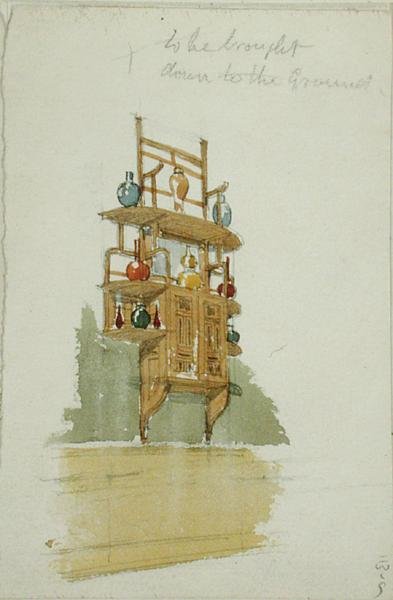 मंकी कैबिनेट के लिए डिज़ाइन, c.1876 (कागज पर वॉटरकलर और पेंसिल) द्वारा एडवर्ड विलियम गॉडविन