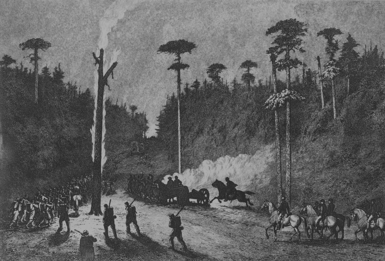ए नाइट मार्च, प्लेट 16 फ्रॉम द लाइफ स्टडीज ऑफ द ग्रेट आर्मी, 1876। द्वारा एडविन ऑस्टिन फोर्ब्स