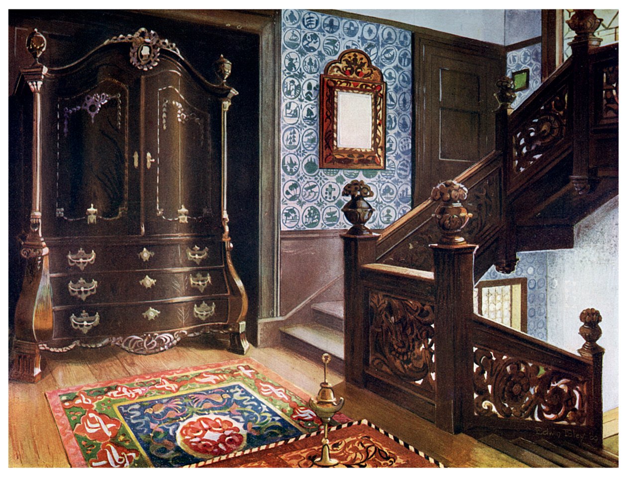 नक्काशीदार अखरोट बॉम्बे का पीछा करते हुए मोमो के साथ होता है, 1910। द्वारा एडविन फोली